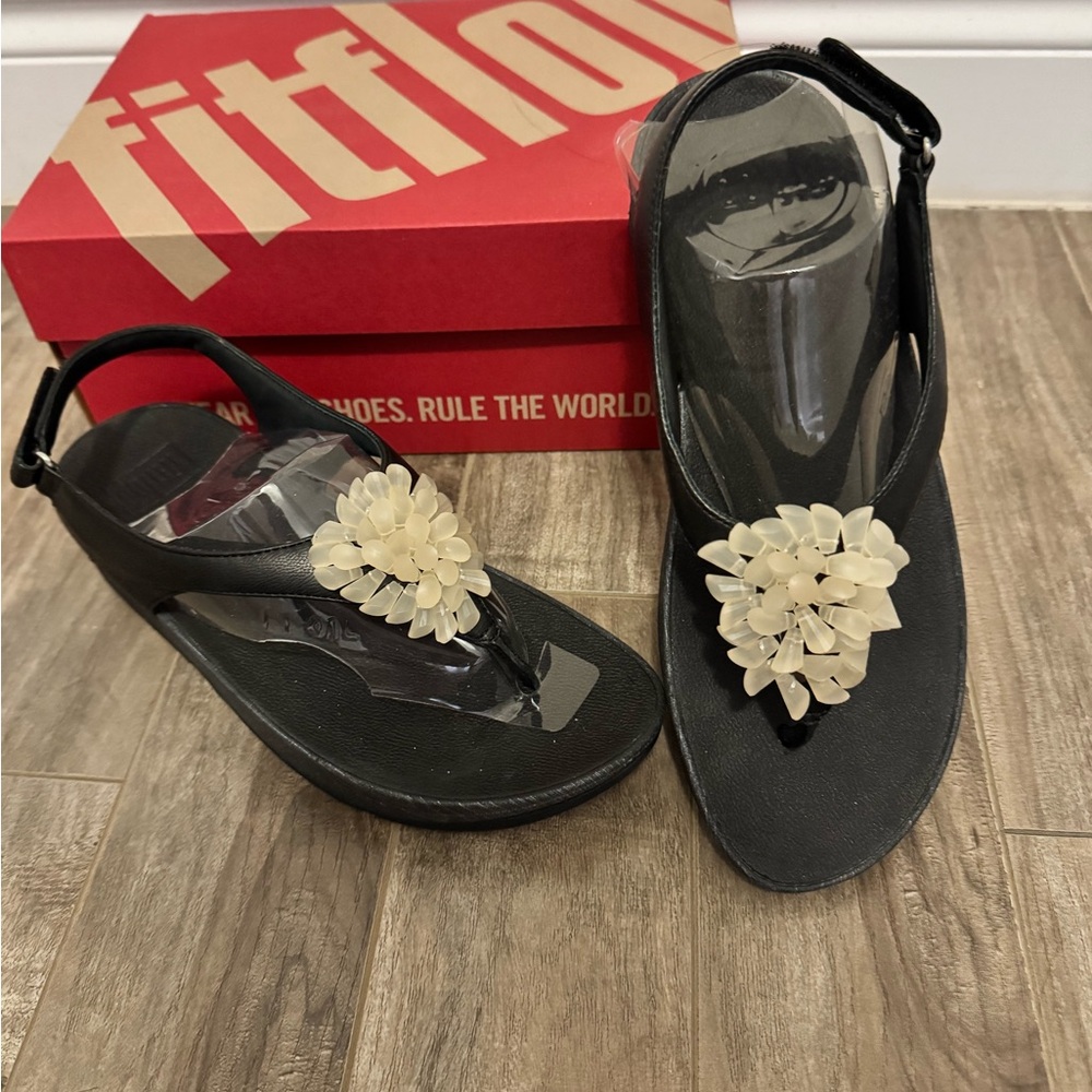 FitFlop Black and Cream Sandals with Floral Design